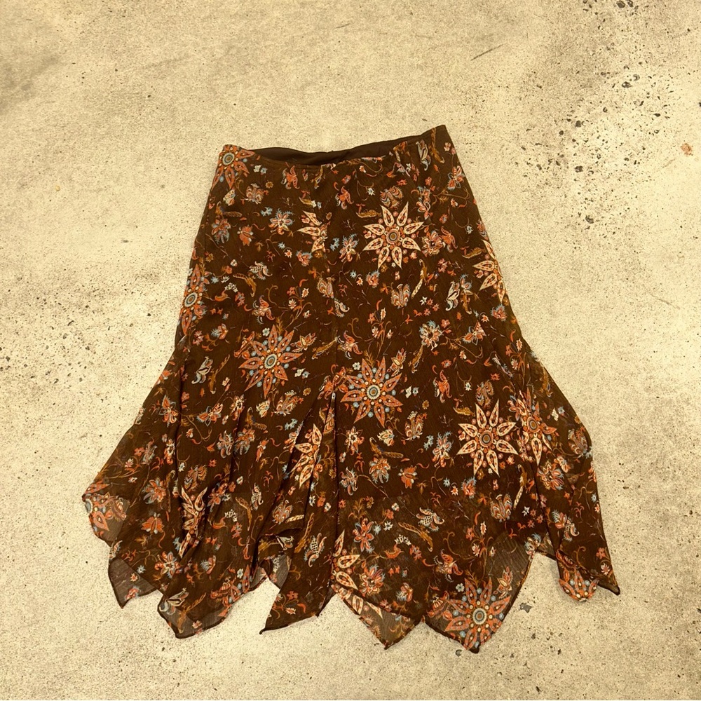 Bob Mackie Brown Boho Floral Paisley Medallion Skirt Handkerchief Hem Size 12